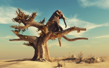 elephant in a dry tree in surreal landscape. this is a 3d render illustration
