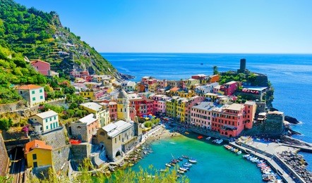view of the beautiful seaside of vernazza village in summer in the cinque terre area, italy.