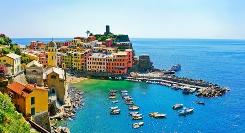 view of the beautiful seaside of vernazza village in summer in the cinque terre area, italy.