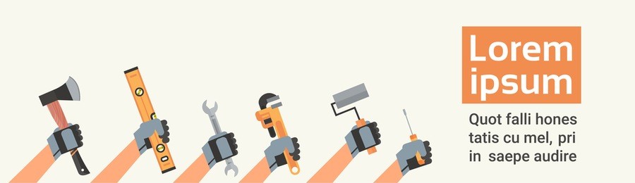 hands holding tools repair and construction working equipment over copy space flat vector illustration