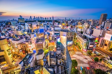 tokyo, japan cityscape over the shibuya district at twilight.
