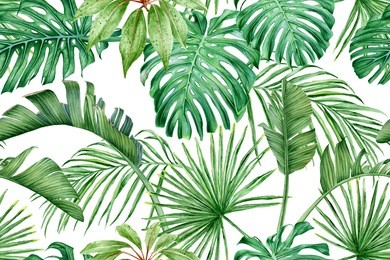 tropical leaves. monstera, strelitzia, palms. watercolor seamless pattern.