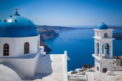 the anastasi church in imerovigli against the santorini caldera, santorini, greece