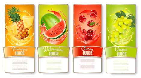 set of labels of of fruit in juice splashes. pineapple, watermelon, cherry, grapes. vector.
