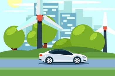 flat vector of a white electric car in front of wind turbines. city skyline in the background.
