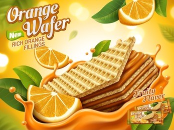 orange wafer ads, crunchy biscuits with splashing orange fillings and fleshes isolated on bokeh background, 3d illustration