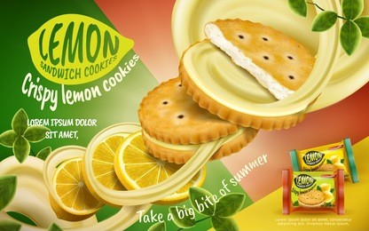 lemon sandwich crispy cookies and sliced fruit and fillings flying in the air, isolated on geometric background in 3d illustration