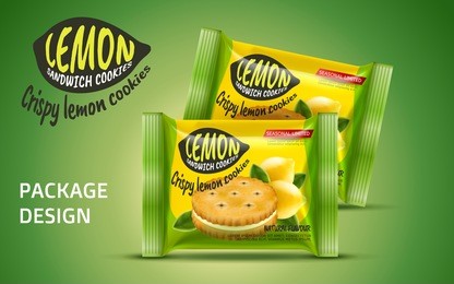 sandwich cookie package design, foil bag food package in lemon flavour isolated on green background in 3d illustration