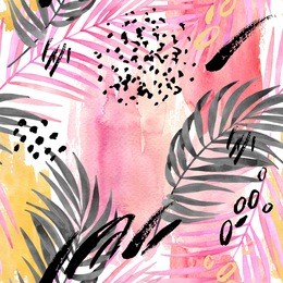 watercolor tropical leaves seamless pattern. watercolour pink colored and graphic palm leaf painting with minimal elements on color stains background. hand painted art illustration for summer design.