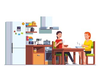 two girls eating lunch & drinking together. sisters or friends sitting having dinner at home table. kitchen interior. flat style vector illustration isolated on white background.