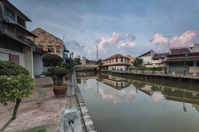malacca city river  reflection, malacca, malaysia.