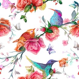 vintage seamless pattern: bird, butterfly and flower, leaf, branch, isolated on background. imitation of embroidery, watercolor. hand drawn vector illustration, separated editable elements.