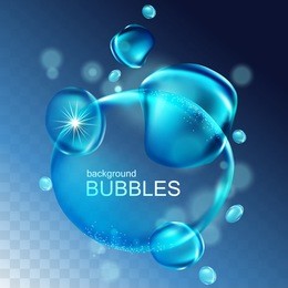 water bubbles with shining light, isolated light blue background