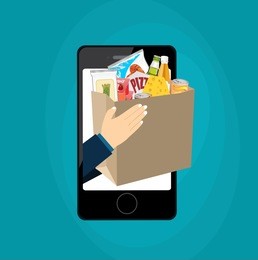 concept for fast online delivery service. hands holding a package box with groceries out of smartphone screen. food delivery, internet shopping concepts. vector flat illustration.