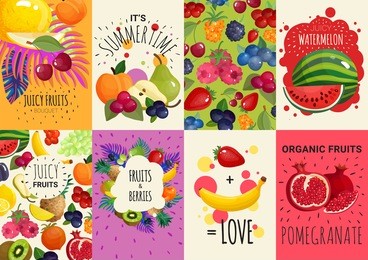 fresh juicy fruits and berries 8 colorful advertisement banners composition poster with watermelon and pomegranate  isolated vector illustration 