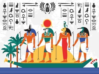 egypt flat colorful poster with ancient egyptian gods in papyrus boat on hieroglyph background flat vector illustration