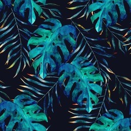 watercolor exotic seamless pattern, green tropical leaves, botanical summer illustration on black background