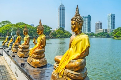 beira lake is the perfect place to relax in shade of trees, enjoy the fresh breeze and visit seema malaka temple with its scenic golden statues of buddha, colombo, sri lanka.