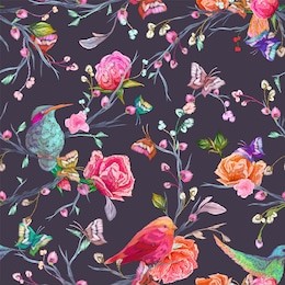 vintage seamless pattern: bird, butterfly and flower, leaf, branch, isolated on background. imitation of embroidery, watercolor. hand drawn vector illustration, separated editable elements.