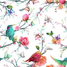 vintage seamless pattern: bird, butterfly and flower, leaf, branch, isolated on background. imitation of embroidery, watercolor. hand drawn vector illustration, separated editable elements.