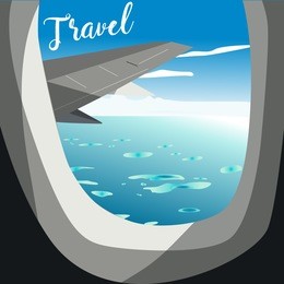 view from airplane. flight window. vacation destinations. tropical beach. flat web vector banner.