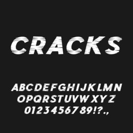 cracks. shabby scratched bold italic font. sans serif typeface. letters, numbers, punctuation marks. latin alphabet. vector
