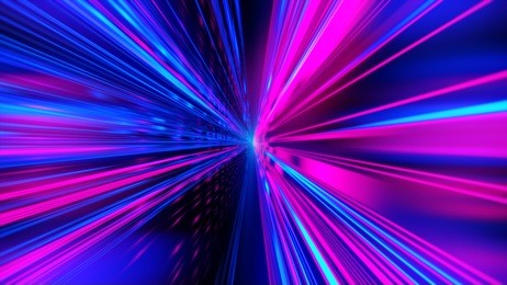 speed motion on the neon glowing road at dark. speed motion on the road. colored light streaks acceleration. abstract illustration. pink and blue motion streaks.