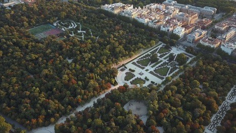 flight drones over the famous park of the retiro of madrid and the prado museum