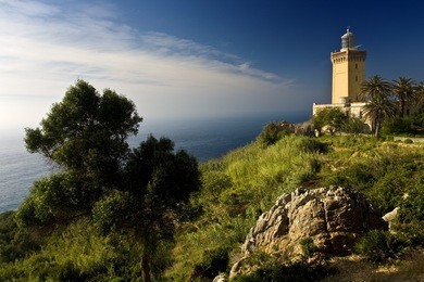 morocco. the lighthouse at cap spartel, where meeting of the atlantic ocean and mediterranean sea and this is the most northwestern point of africa