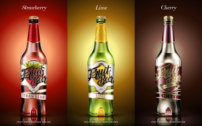 fruit beer package design, business label for different flavours in 3d illustration