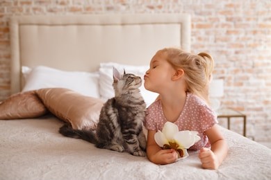 little girl relaxing on the bed with her kitten. child is kissing a cat