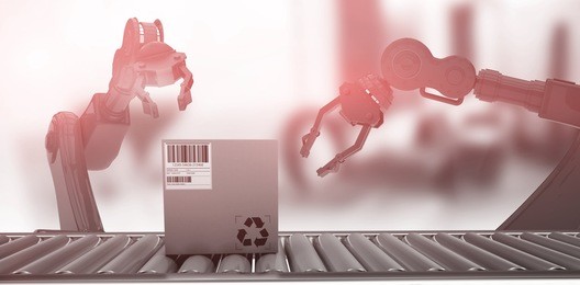 packed carton box on production line against empty work station