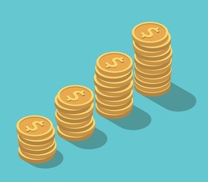 isometric gold dollar coins stack on turquoise blue background. finance, money, wealth, growth and investment concept. flat design. eps 8 compatible vector illustration, no transparency, no gradients