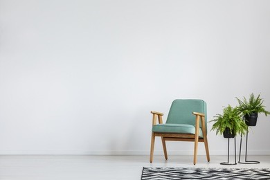 big black and white carpet in room with plants and armchair