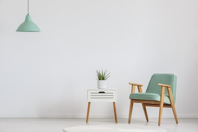 photo of white wooden cupboard with fresh plant and mint lampshade