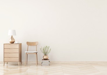 empty wall mock up with chair, chest of drawers, lamp and plant in vase in warm beige living room interior. 3d rendering.