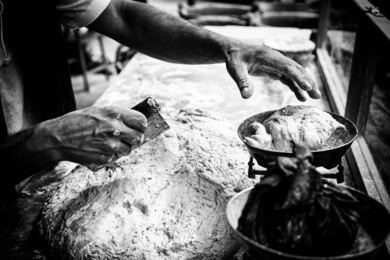 baker making bread dough, craft detail, healthy food