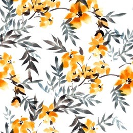 watercolor and ink illustration of yellow flowers with leaves. sumi-e, u-sin painting. seamless pattern.