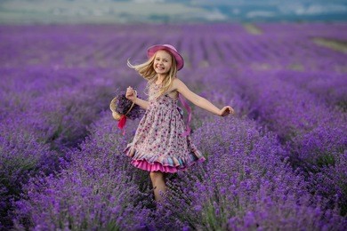 beautiful girl in a field of lavender on sunset. beautiful girl in amazing dress walk on the field of lavender.