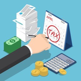 flat 3d isometric businessman hand marking tax sign on calendar. tax day concept