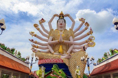 wat plai laem temple and 18 hands guanyin or guan yin statue on koh samui island in thailand