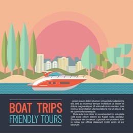 yacht on the background of the urban landscape and trees. vector illustration in flat style.
