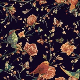 vintage seamless pattern: bird, butterfly and flower, leaf, branch, isolated on background. imitation of embroidery. hand drawn vector illustration, separated editable elements.