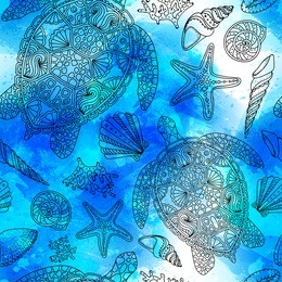 seamless summer underwater pattern. various shell, algae, starfish, coral, turtle on vector watercolor background with brush strokes, drops. blue and turquoise sea water design