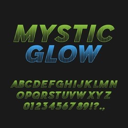 mystic glow. bold italic font. sans serif typeface. letters, numbers, punctuation marks. latin alphabet. vector
