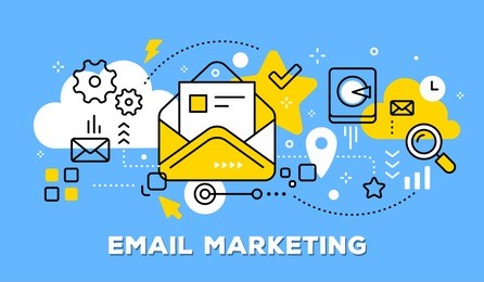 vector illustration of yellow open envelope with letter and icons. email marketing concept on blue background with title. thin line art flat style design for web, site, banner, business presentation