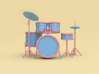 3d blue-pink radio drum set cartoon style soft yellow minimal background 3d rendering