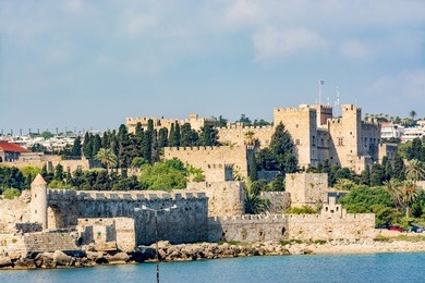 grand master palace and rhodes old town, view from the sea, rhodes island, greece