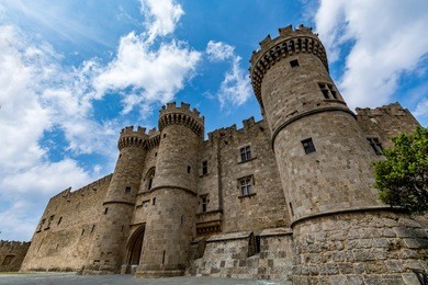 grand master palace in rhodes old town on a beautiful day, rhodes island, greece