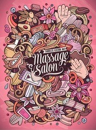 cartoon cute doodles hand drawn massage illustration. colorful detailed, with lots of objects background. funny vector artwork. bright colors picture with spa theme items.